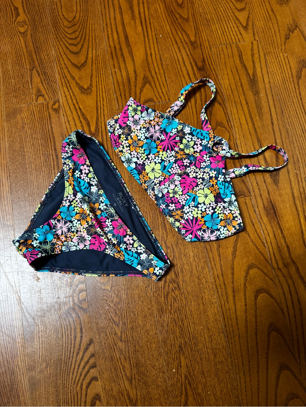 Roxy Girls' Floral Two-Piece Bikini - Black With Pink, Blue & Yellow Flowers